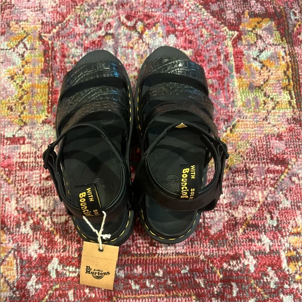 Dr. Martens Black Strappy Platform Sandals with Yellow Stitching - Picture 3 of 6
